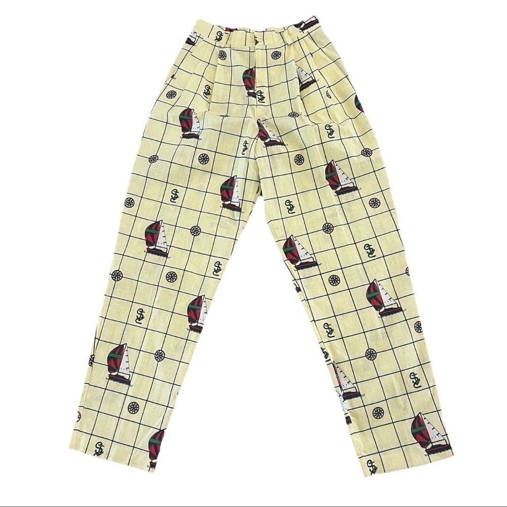 Vintage Maritime Sailboat Pleated Nautical Pants Size 8 Coastal Vibes (see Meas)